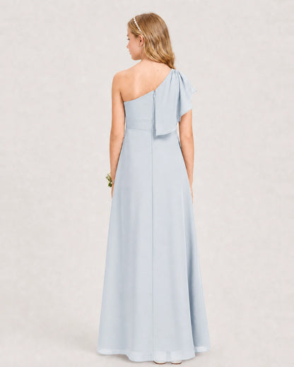 Mist Junior Bridesmaid Dress One-Shoulder Chiffon A-Line Gown Back View