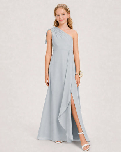 Mist Junior Bridesmaid Dress One-Shoulder Chiffon A-Line Gown Side View