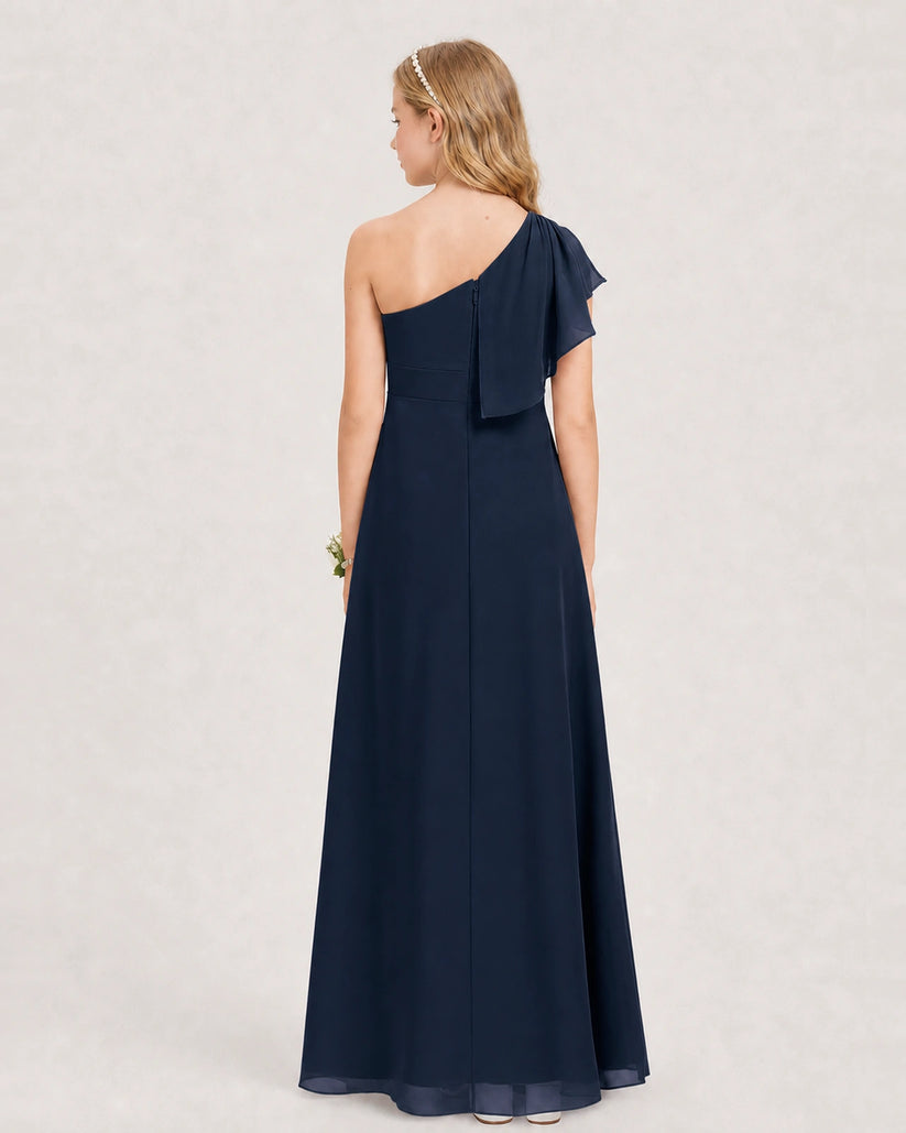 Navy Blue Chiffon A-line Junior Bridesmaid Dress Back View