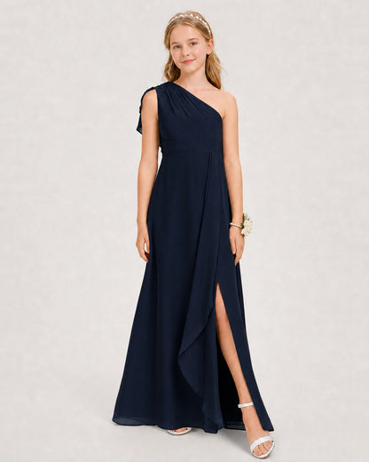 Navy Blue Junior Bridesmaid Dress One-Shoulder Chiffon A-Line Gown Side View