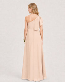 Peach Junior Bridesmaid Dress One-Shoulder Chiffon A-Line Gown Back View