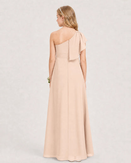 Peach Junior Bridesmaid Dress One-Shoulder Chiffon A-Line Gown Back View
