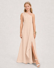 Peach Junior Bridesmaid Dress One-Shoulder Chiffon A-Line Gown Side View