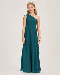 Peacock Junior Bridesmaid Dress One-Shoulder Chiffon A-Line Gown Front View