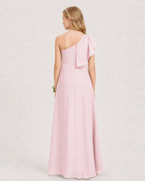 Peacock Junior Bridesmaid Dress One-Shoulder Chiffon A-Line Gown Back View