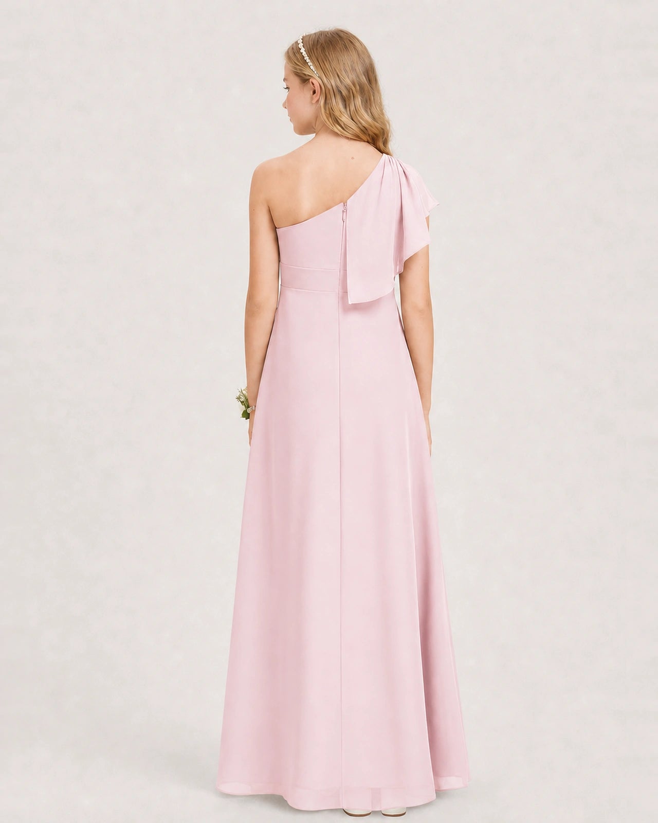 Peacock Junior Bridesmaid Dress One-Shoulder Chiffon A-Line Gown Back View