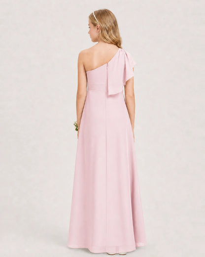 Peacock Junior Bridesmaid Dress One-Shoulder Chiffon A-Line Gown Back View