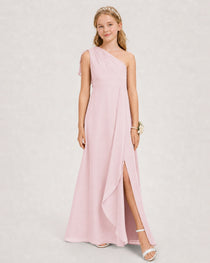 Peacock Junior Bridesmaid Dress One-Shoulder Chiffon A-Line Gown Side View