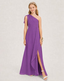 Purple Junior Bridesmaid Dress One-Shoulder Chiffon A-Line Gown Side View