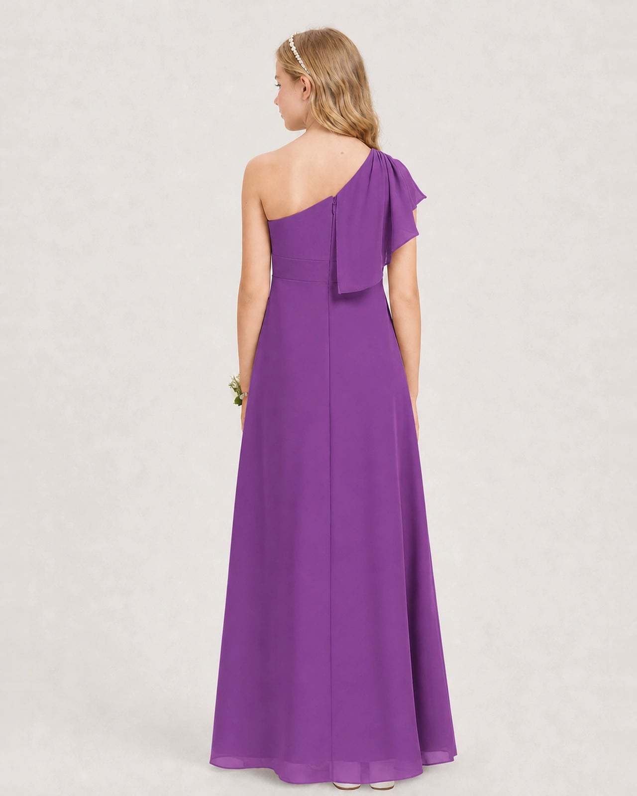Purple Junior Bridesmaid Dress One-Shoulder Chiffon A-Line Gown Back View