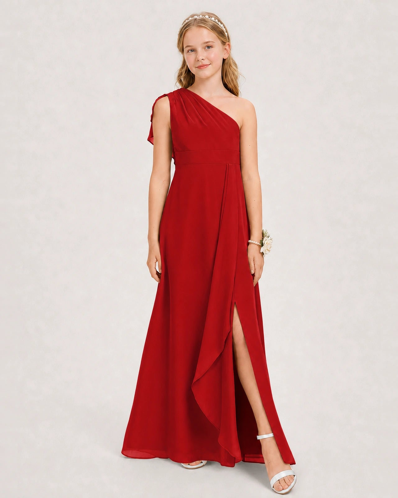 Red Junior Bridesmaid Dress One-Shoulder Chiffon A-Line Gown Side View