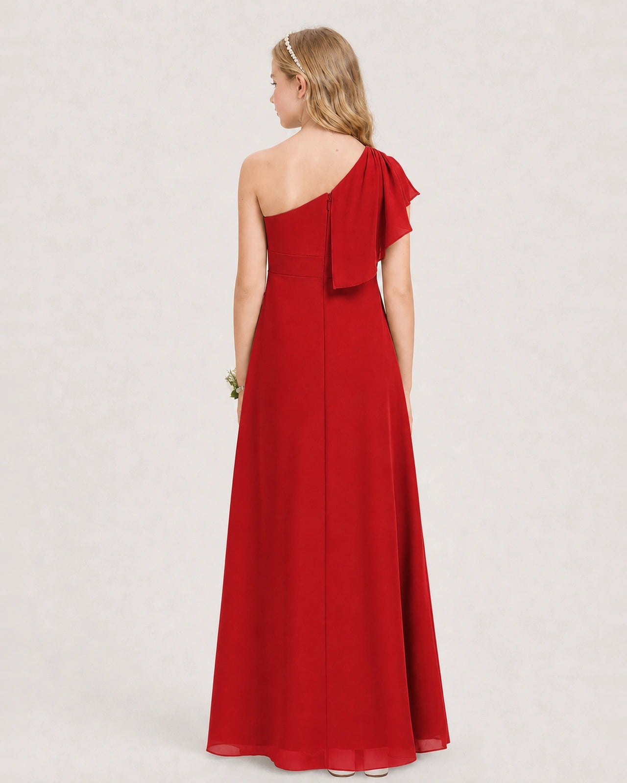 Red Junior Bridesmaid Dress One-Shoulder Chiffon A-Line Gown Back View