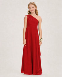 Red Junior Bridesmaid Dress One-Shoulder Chiffon A-Line Gown Front View