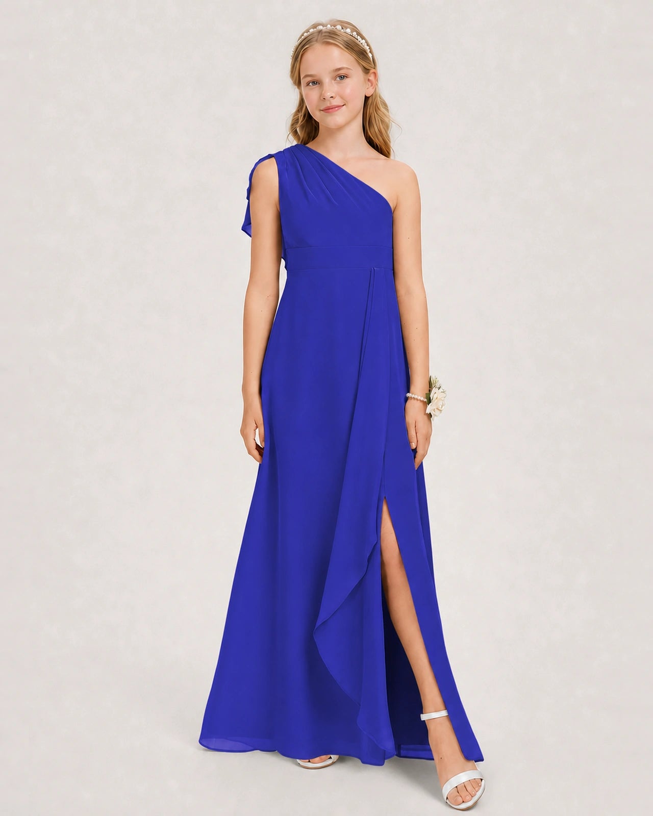 Royal Blue Junior Bridesmaid Dress One-Shoulder Chiffon A-Line Gown Side View 