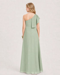 Sage Green Junior Bridesmaid Dress One-Shoulder Chiffon A-Line Gown Back View
