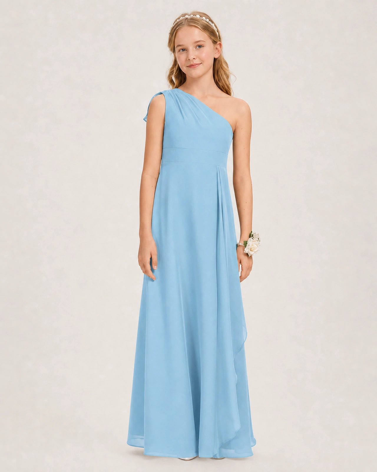 Sky Blue Junior Bridesmaid Dress One-Shoulder Chiffon A-Line Gown Front View