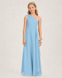 Sky Blue Junior Bridesmaid Dress One-Shoulder Chiffon A-Line Gown Front View