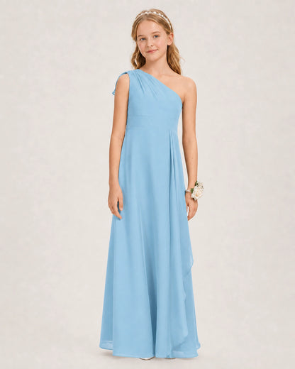 Sky Blue Junior Bridesmaid Dress One-Shoulder Chiffon A-Line Gown Front View