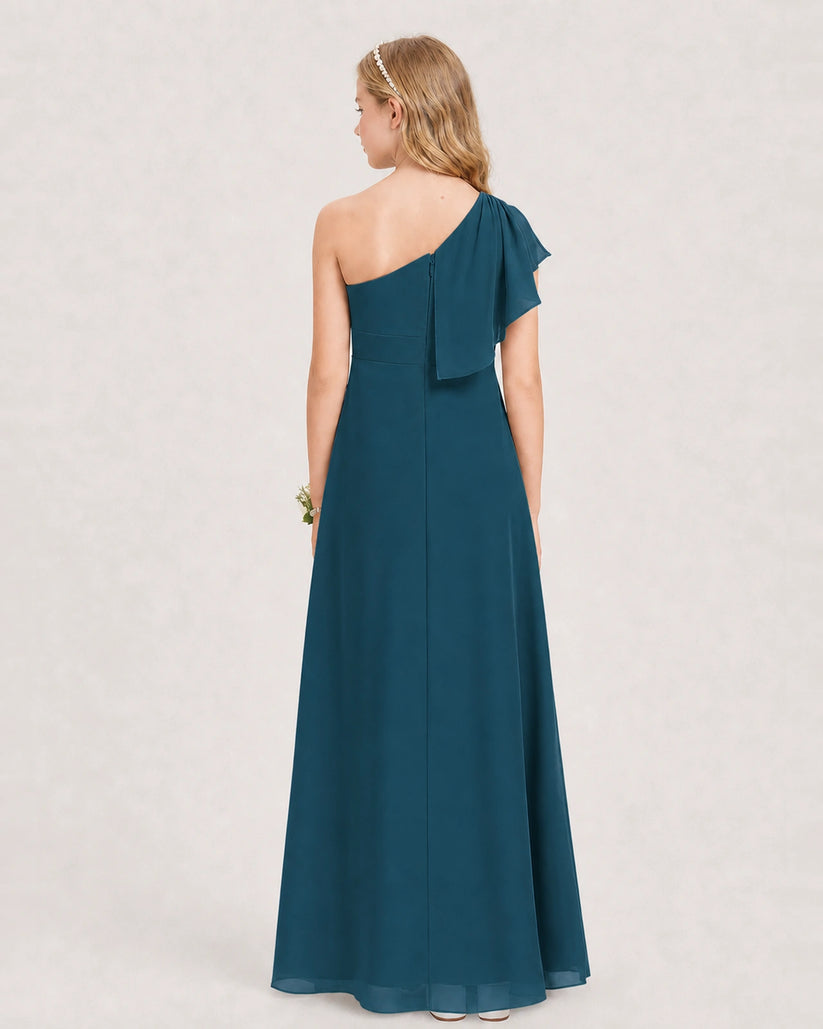 Teal Chiffon A-line Junior Bridesmaid Dress Back View