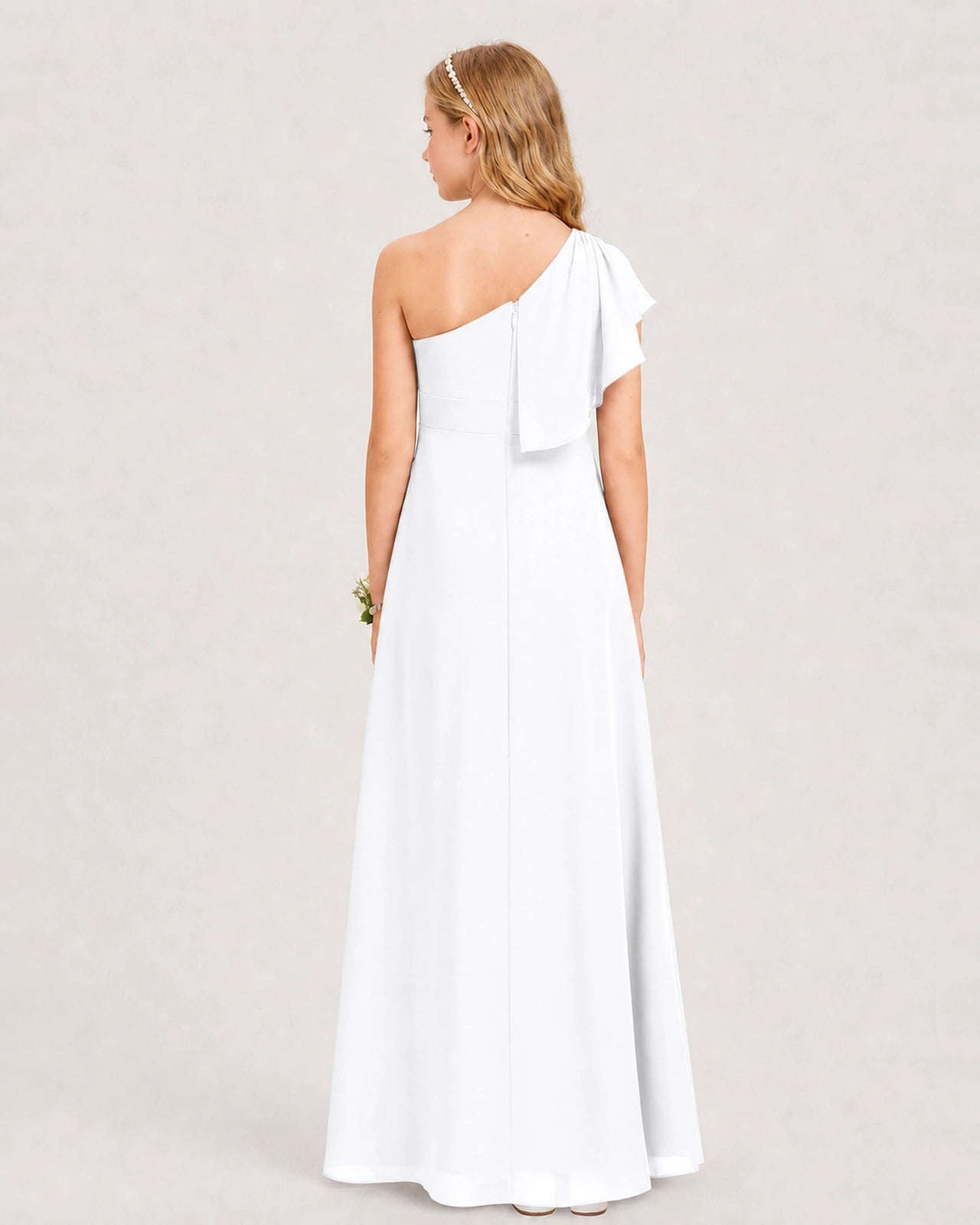 White Junior Bridesmaid Dress One-Shoulder Chiffon A-Line Gown Back View