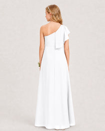 White Junior Bridesmaid Dress One-Shoulder Chiffon A-Line Gown Back View