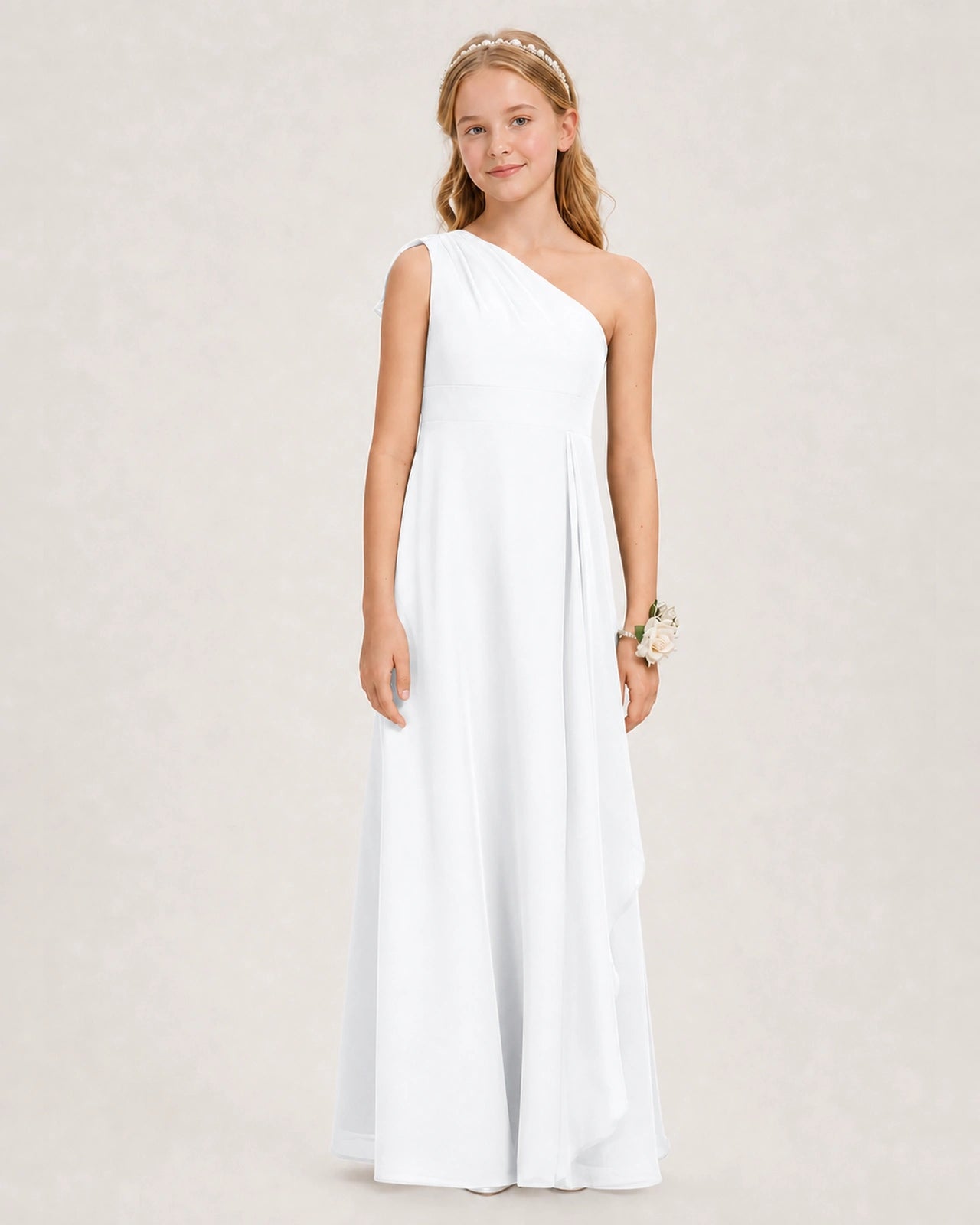 White Junior Bridesmaid Dress One-Shoulder Chiffon A-Line Gown Front View