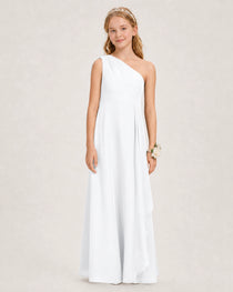 White Junior Bridesmaid Dress One-Shoulder Chiffon A-Line Gown Front View