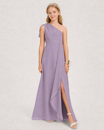 Wisteria Junior Bridesmaid Dress One-Shoulder Chiffon A-Line Gown Side View