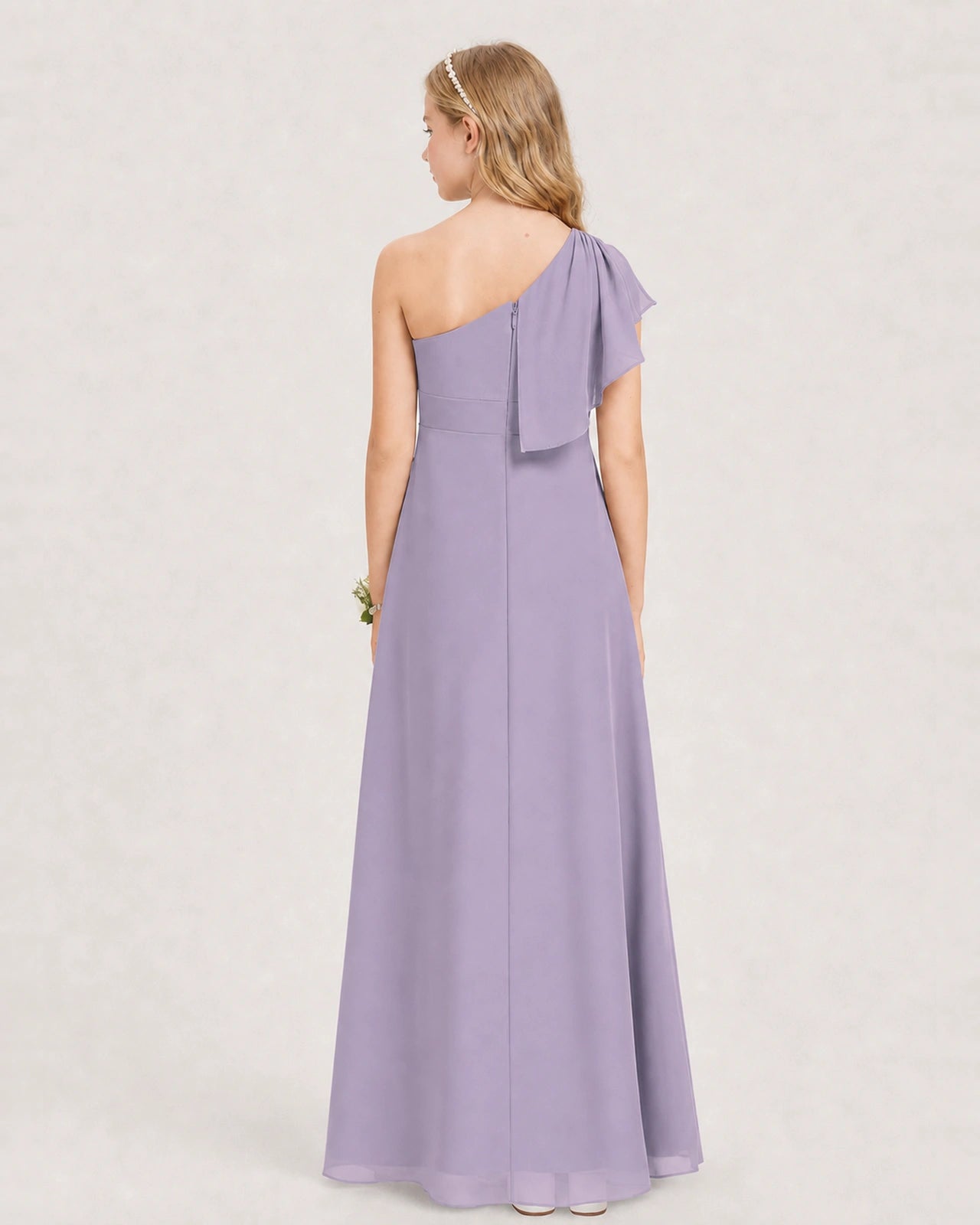 Wisteria Junior Bridesmaid Dress One-Shoulder Chiffon A-Line Gown Back View