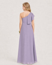 Wisteria Junior Bridesmaid Dress One-Shoulder Chiffon A-Line Gown Back View