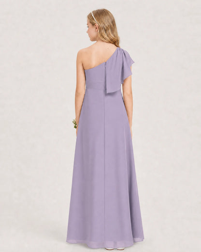 Wisteria Junior Bridesmaid Dress One-Shoulder Chiffon A-Line Gown Back View