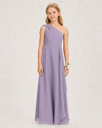 Wisteria Junior Bridesmaid Dress One-Shoulder Chiffon A-Line Gown Front View