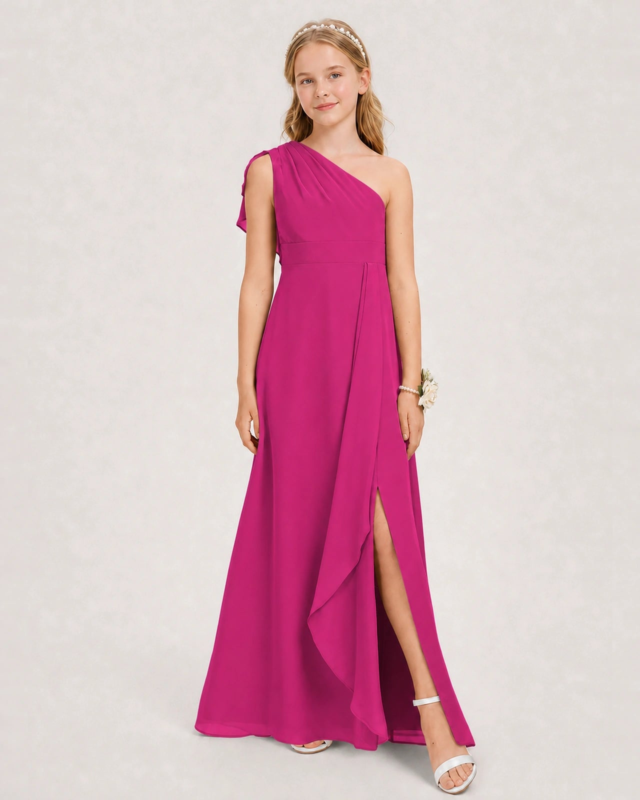 Hot Pink Junior Bridesmaid Dress One-Shoulder Chiffon A-Line Gown Side View
