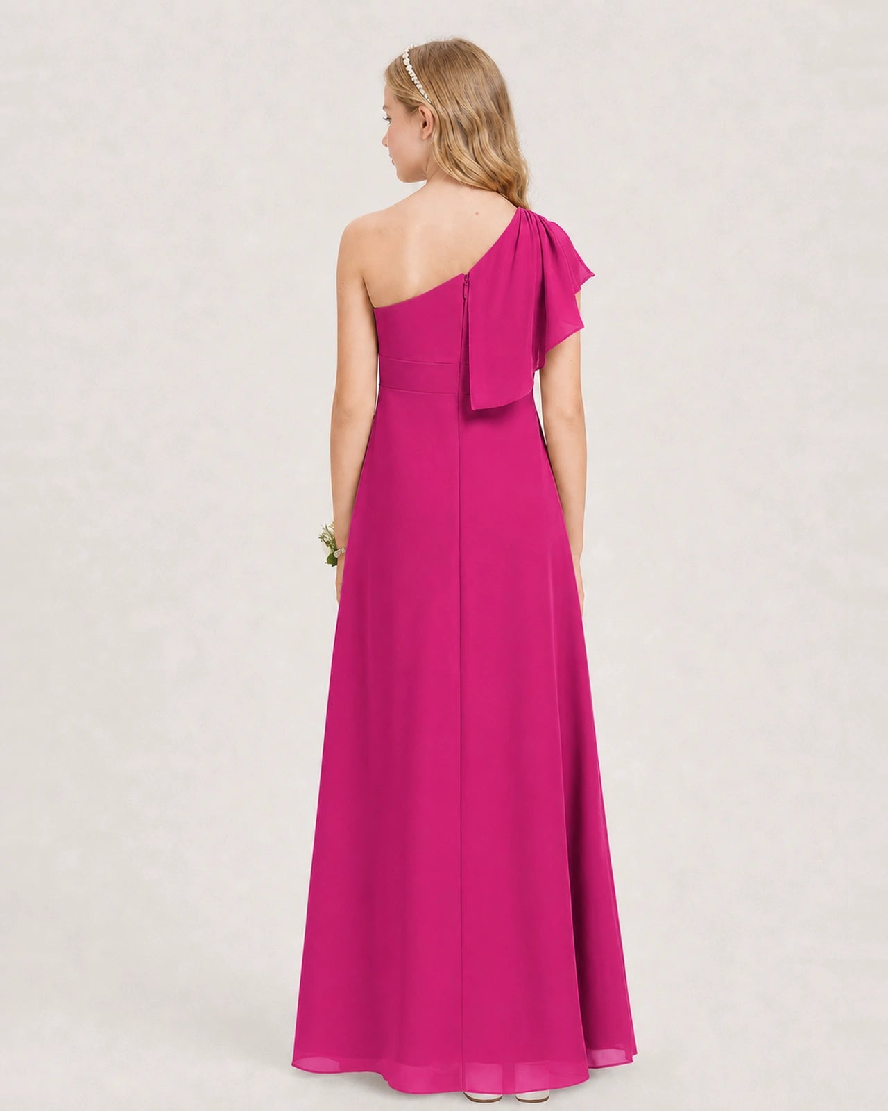Hot Pink Junior Bridesmaid Dress One-Shoulder Chiffon A-Line Gown Back View