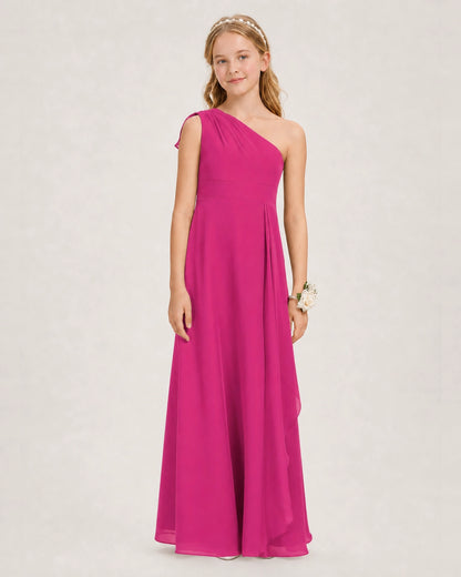 Hot Pink Junior Bridesmaid Dress One-Shoulder Chiffon A-Line Gown Front View