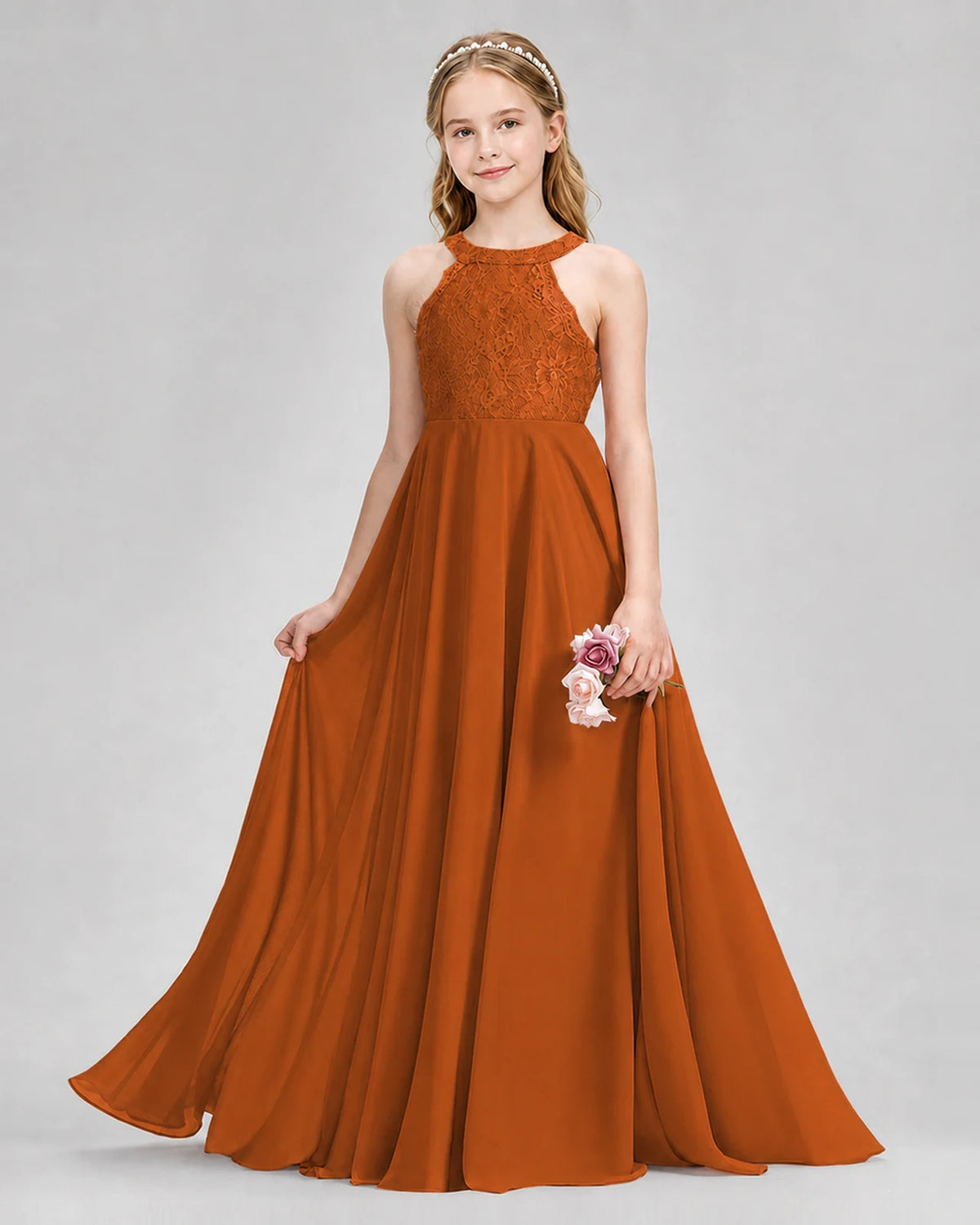Burnt Orange A-line Junior Bridesmaid Dresses Front