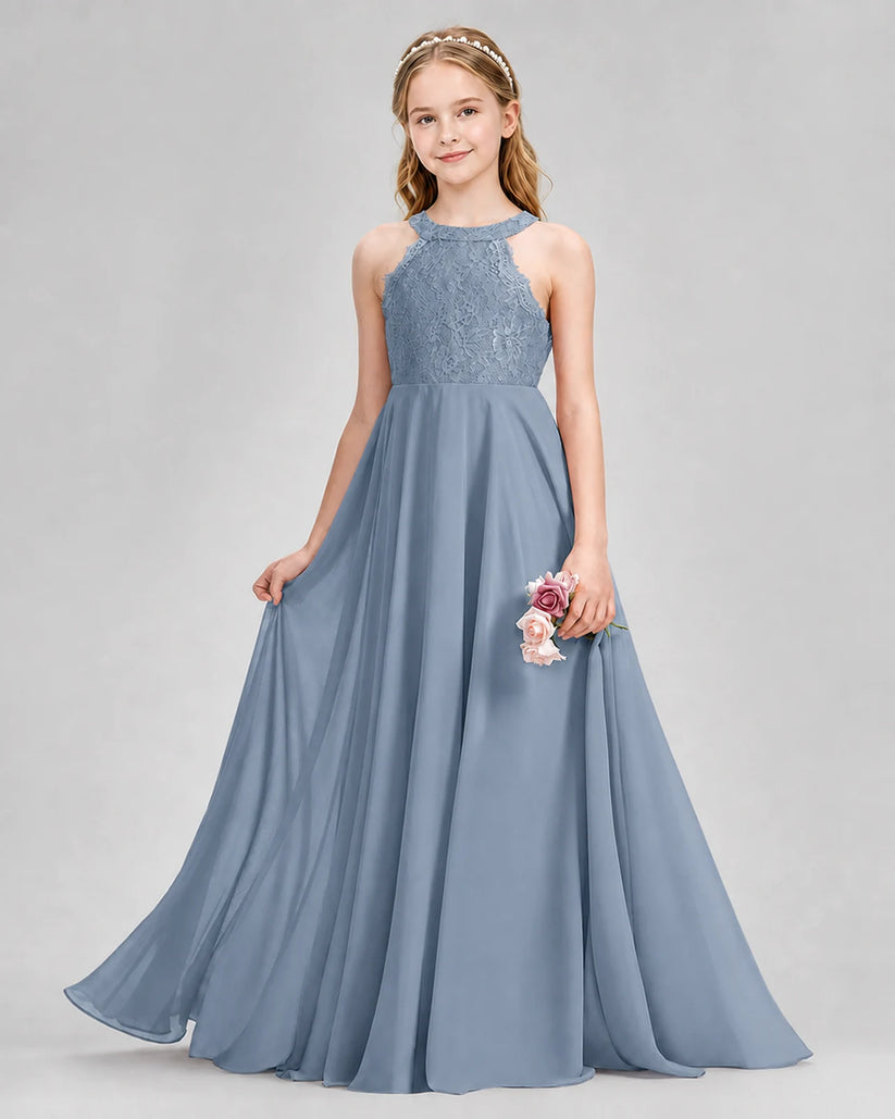 Dusty Blue A-line Junior Bridesmaid Dresses Front