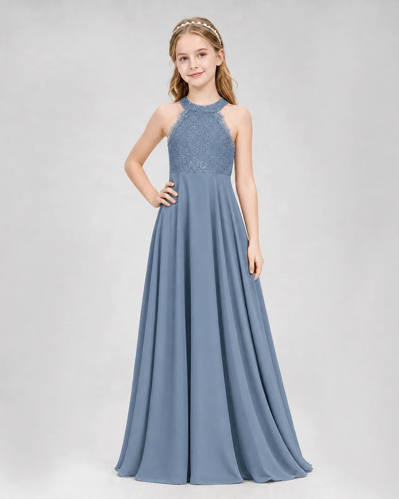 Dusty Blue A-line Junior Bridesmaid Dresses Side
