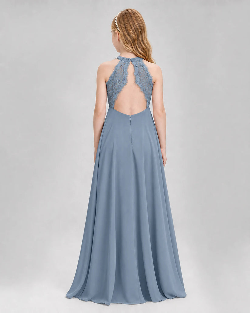 Dusty Blue A-line Junior Bridesmaid Dresses Back