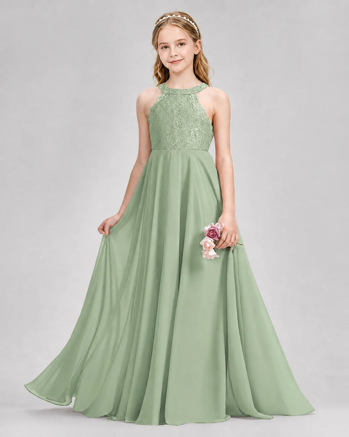 Sage Green A-line Junior Bridesmaid Dresses Front