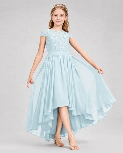 Baby Blue Junior Bredemaid Dresses Lace Keyhole Back Asymmetrical Chiffon Gown Front View