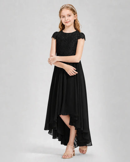 Black Junior Bredemaid Dresses Lace Keyhole Back Asymmetrical Chiffon Gown Front View
