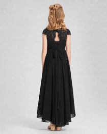 Black Junior Bredemaid Dresses Lace Keyhole Back Asymmetrical Chiffon Gown Back View