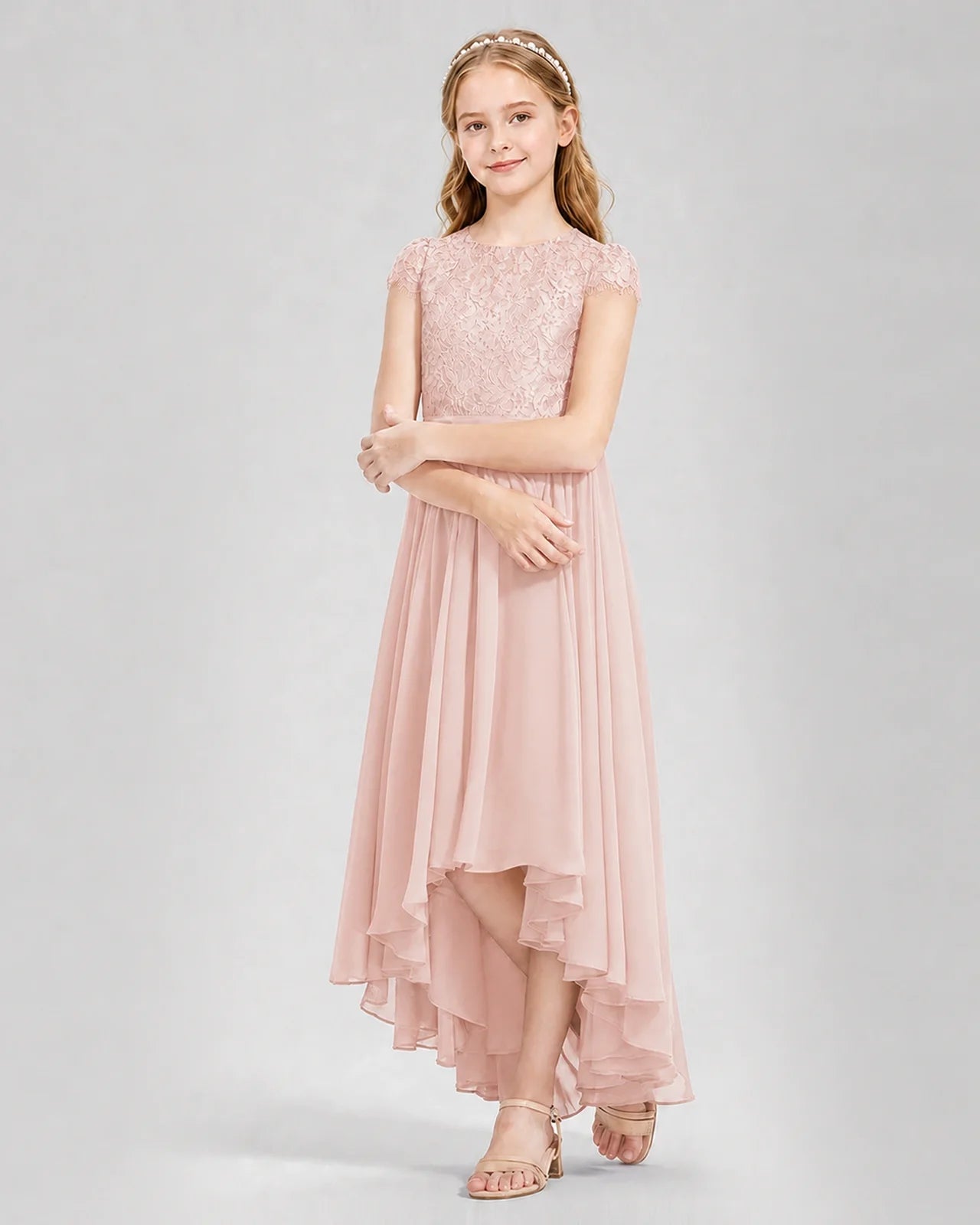 Blush Pink Junior Bredemaid Dresses Lace Keyhole Back Asymmetrical Chiffon Gown Front View