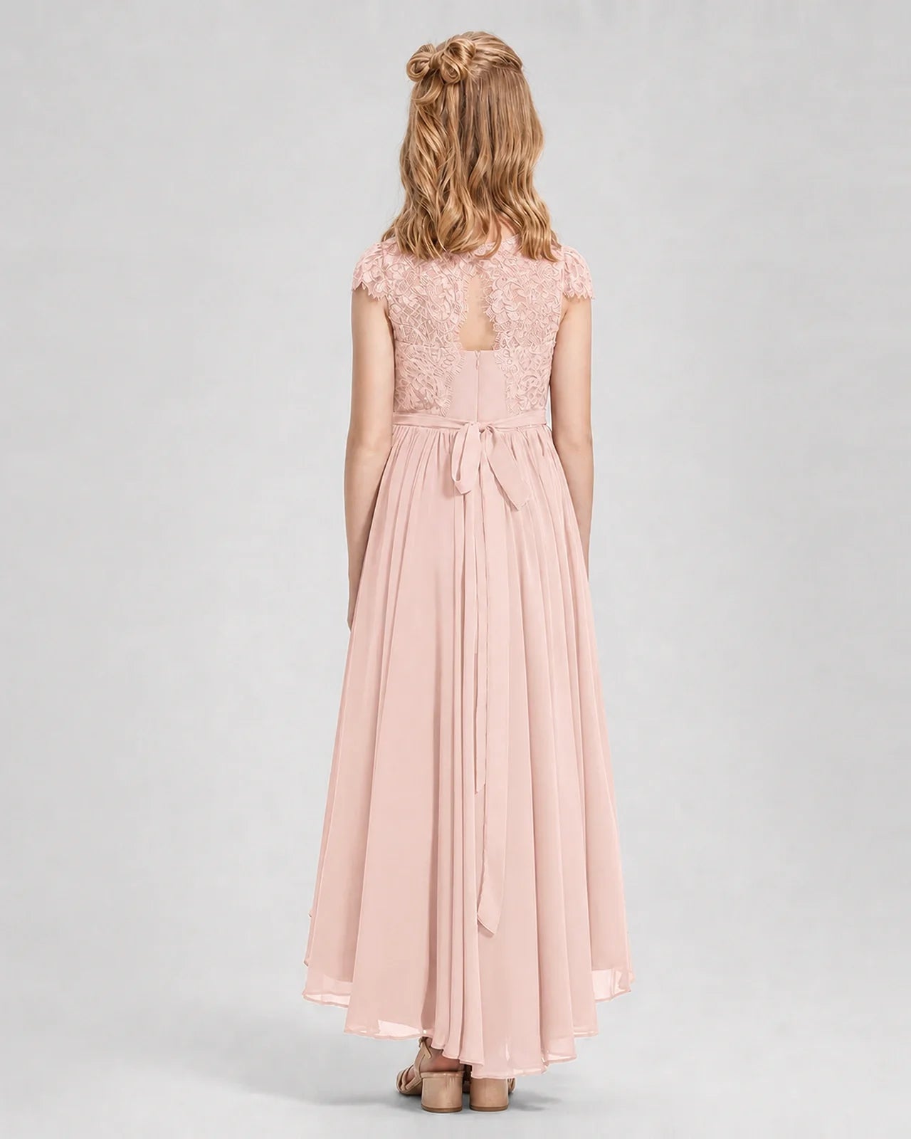 Blush Pink Junior Bredemaid Dresses Lace Keyhole Back Asymmetrical Chiffon Gown Back View
