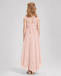 Blush Pink Junior Bredemaid Dresses Lace Keyhole Back Asymmetrical Chiffon Gown Back View