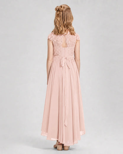 Blush Pink Junior Bredemaid Dresses Lace Keyhole Back Asymmetrical Chiffon Gown Back View