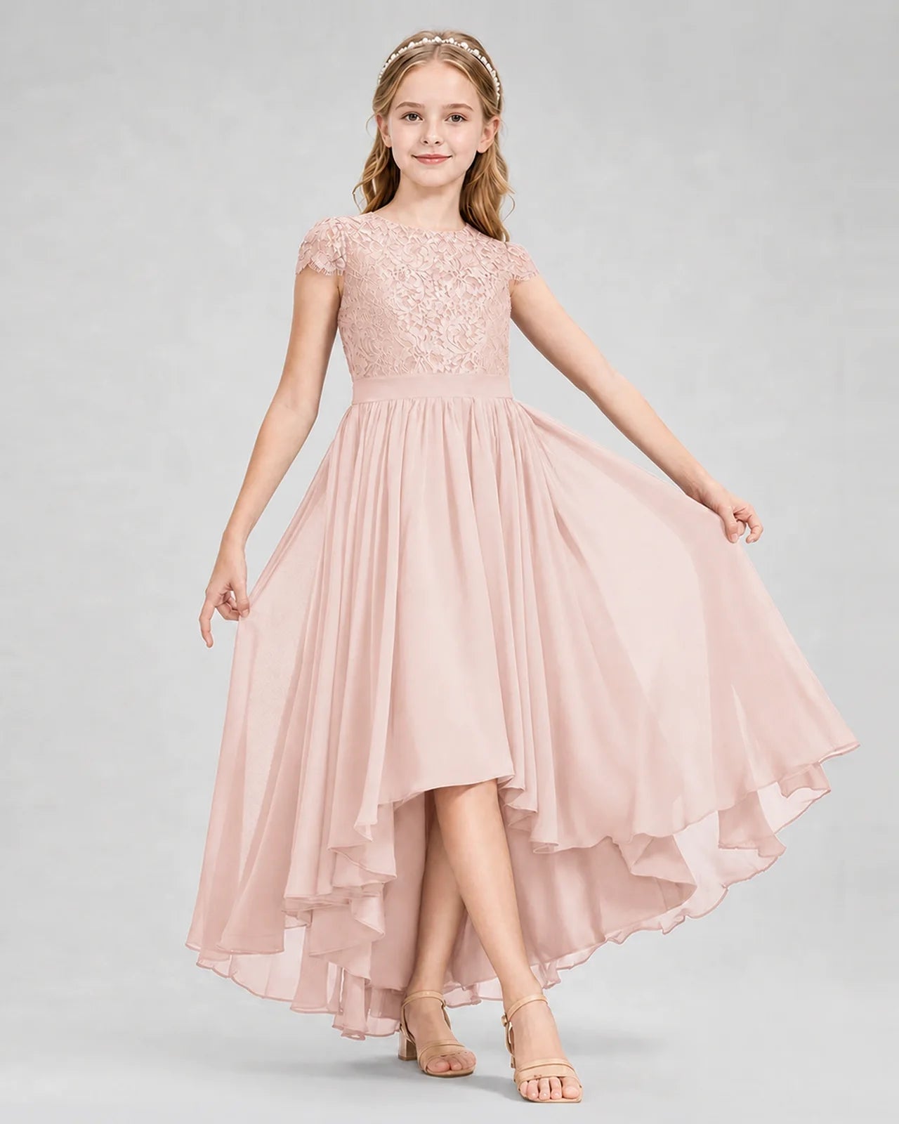 Blush Pink Junior Bredemaid Dresses Lace Keyhole Back Asymmetrical Chiffon Gown Front View