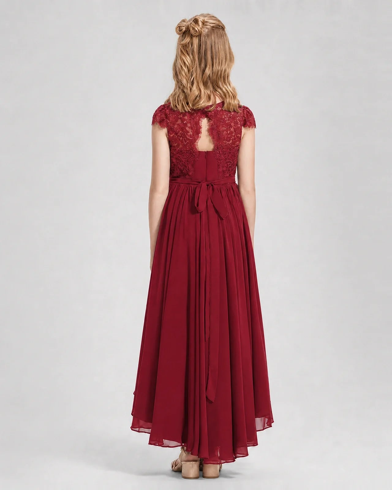 Burgundy Junior Bredemaid Dresses Lace Keyhole Back Asymmetrical Chiffon Gown Back View