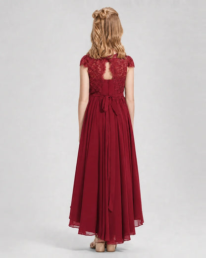 Burgundy Junior Bredemaid Dresses Lace Keyhole Back Asymmetrical Chiffon Gown Back View